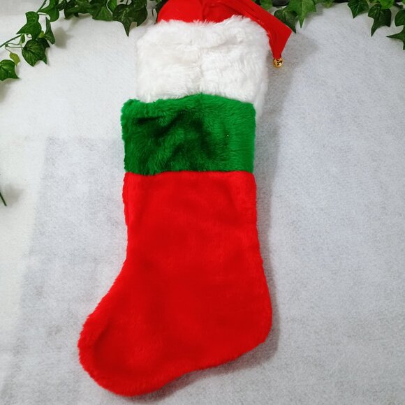 NWOT: Santa Stocking Red, Green & White Plush Christmas Jingle Bells sz see decr - Picture 2 of 4